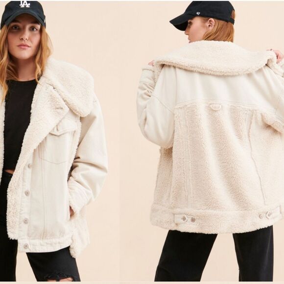 NWT We The Free Holly Cozy Denim Jean Jacket Free People Sherpa Ivory White Ecru - Picture 4 of 9